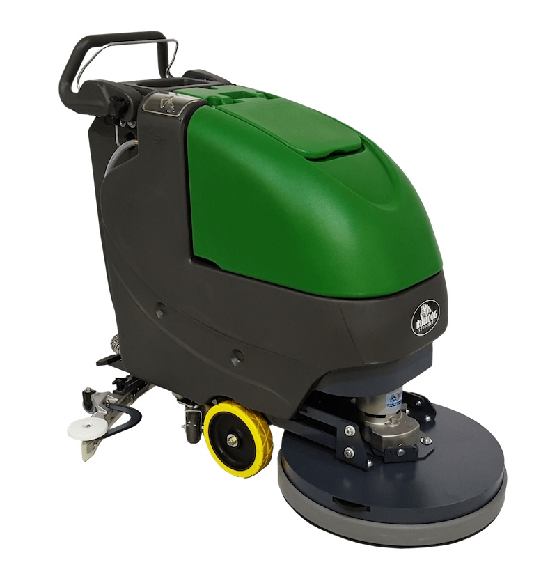 View of the front and side of a Bulldog WD20 walk-behind floor scrubber